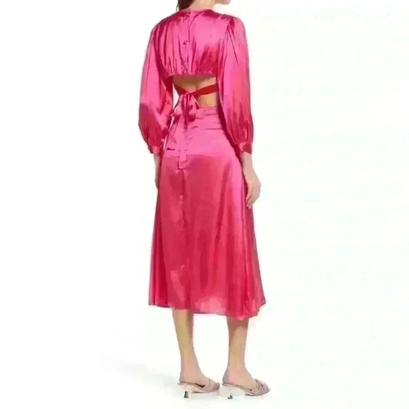Rahi Cierra Dress Women's small  Fuchsia Satin Midi Cutout Balloon Sleeve new - Picture 4 of 6